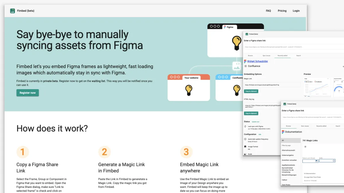 Fimbed Landingpage mit Magic-Link-Konfiguration und Dashboard-Ansichten der App